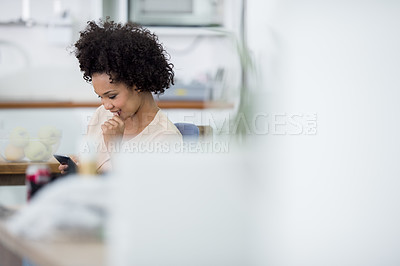 Buy stock photo Business, black woman and typing on mobile phone in office for communication, social media and chat. Smile smartphone and female employee in workplace reading email, connection or browsing internet