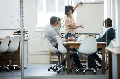 Buy stock photo Woman, whiteboard or team in business, presentation or planning of company, training or workshop. Businesswoman, conference room or startup to share, exchange or idea in vision of coaching session