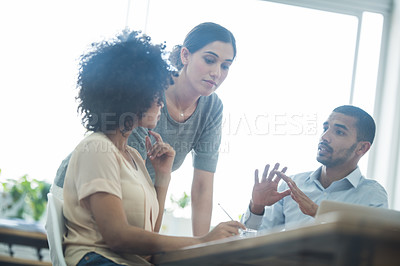 Buy stock photo Business people, office and planning in meeting for idea, collaboration and discussion. Teamwork, professional and group of diverse employees for brainstorming, research or strategy on project 