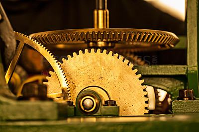 Buy stock photo Shiny toothed gears of a large clock