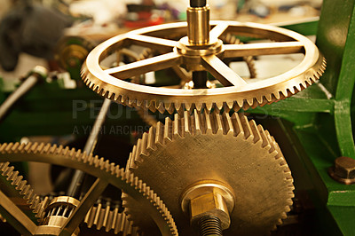 Buy stock photo Top view of toothed gears of a tower clock 