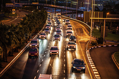 Buy stock photo Traffic jam, highway and street in night for driving, transportation or travel in rush hour. Busy urban road, cars and journey in Cape Town metro with congestion, infrastructure network and cityscape