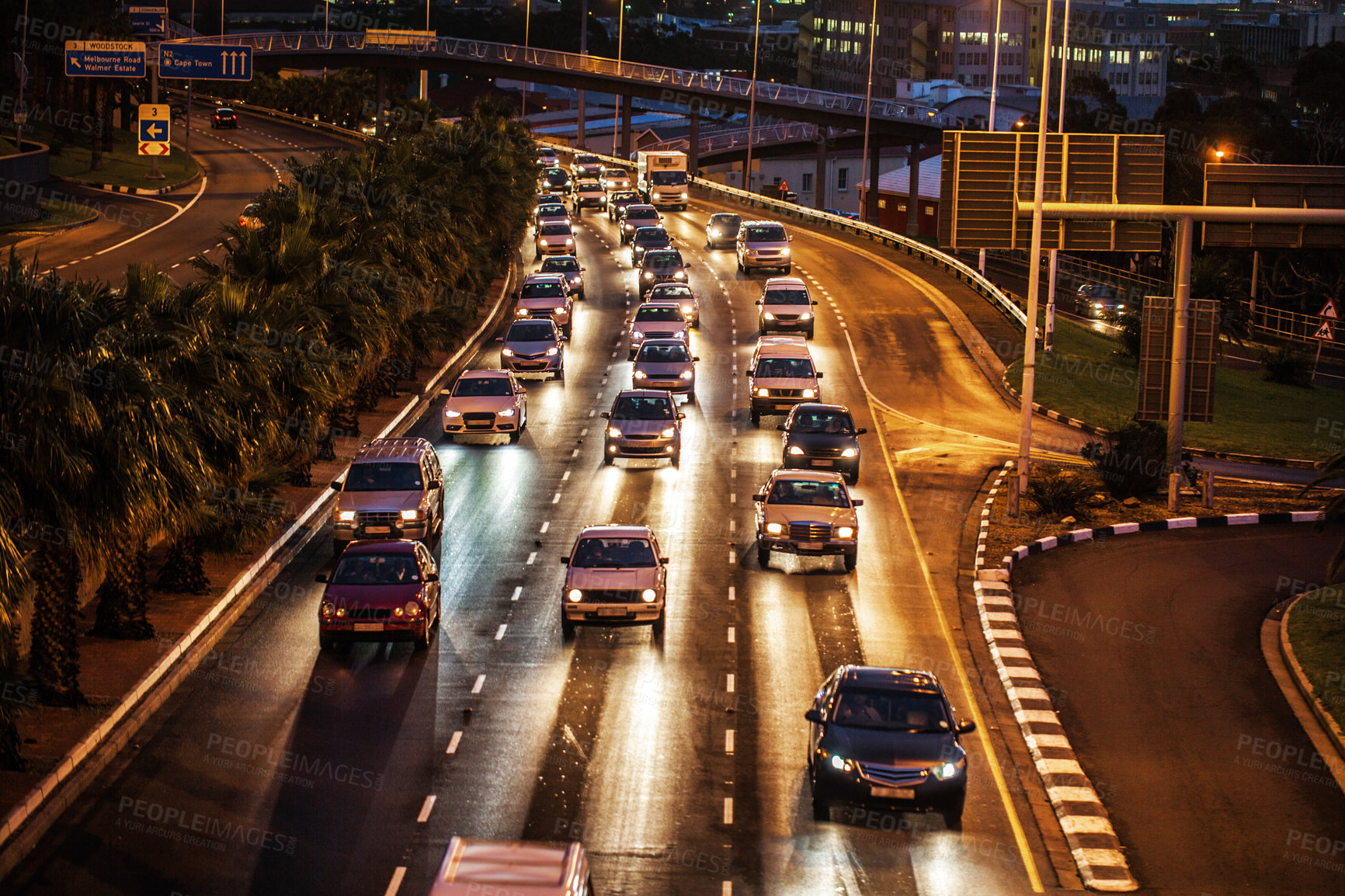 Buy stock photo Traffic jam, highway and street in night for driving, transportation or travel in rush hour. Busy urban road, cars and journey in Cape Town metro with congestion, infrastructure network and cityscape