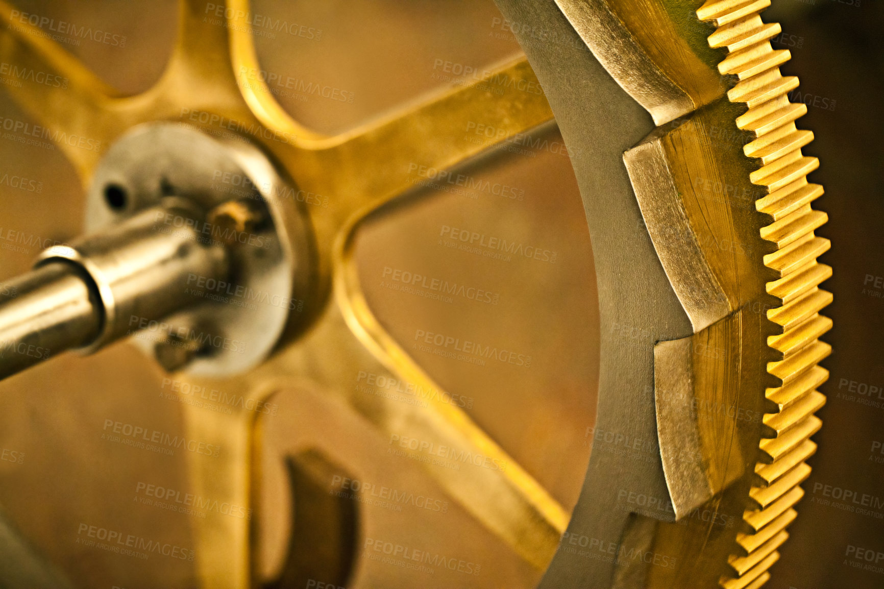 Buy stock photo Clock gear, gold and vintage wheel cog of golden machinery and gears. Metal, closeup and steel with machine detail and maintenance with retro brass parts and wheels