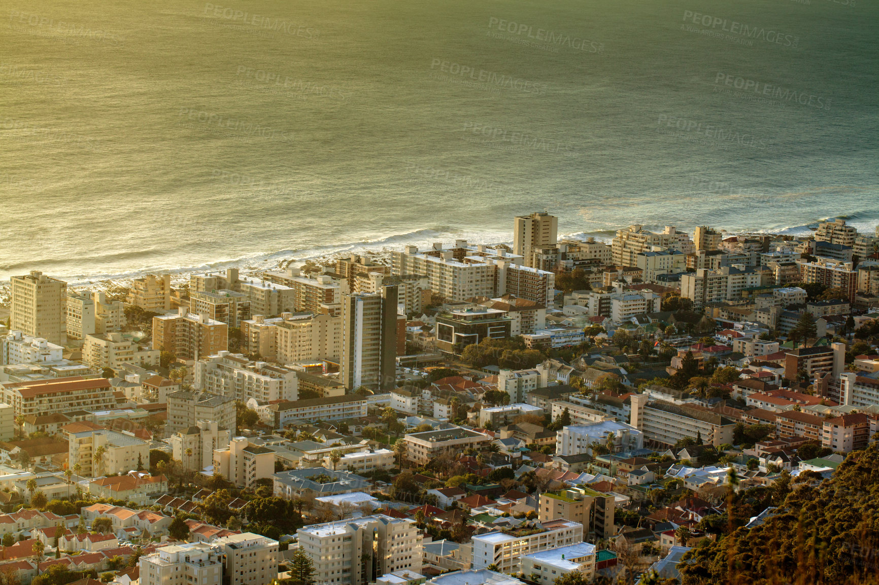 Buy stock photo An aerial view of Sea Point in Cape Town, the Western Province of South Africa