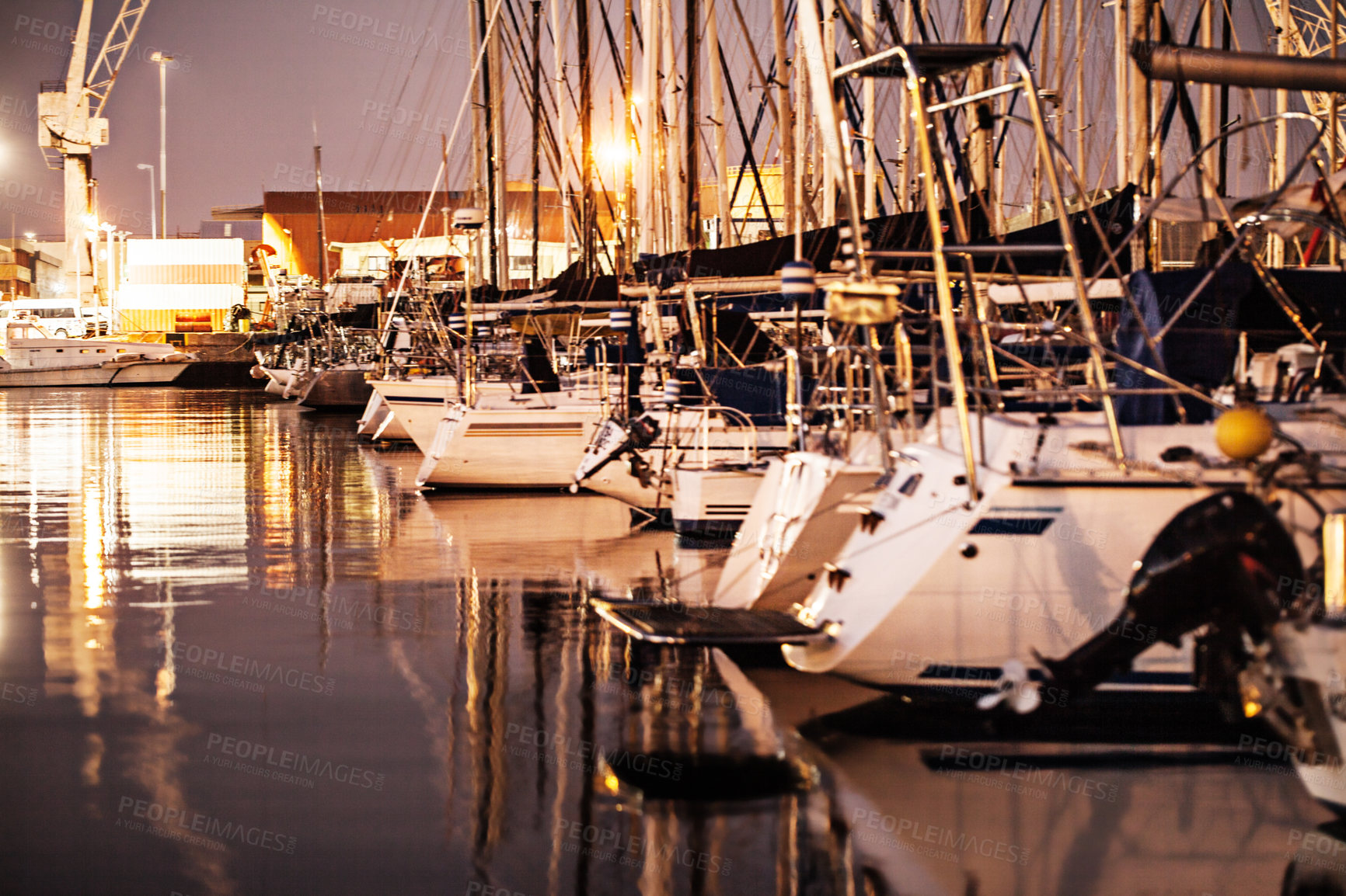 Buy stock photo Boat, sunset and yacht on water in harbor for traveling, luxury cruise and sea transport at night. Transportation, marine vessel and boating club port for adventure, journey and sailing on ocean