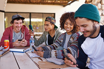 Buy stock photo Diverse students, gen z and social media for university project using smartphone for research, networking and discussing college people. Group work, cellphone and communication via internet.