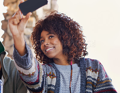 Buy stock photo Selfie, African woman and student with smile for profile picture in social media in campus. Adult, female person and girl in university or college with scholarship in academy with joy and happiness