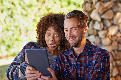 Buy stock photo Friends taking a selfie on a tablet