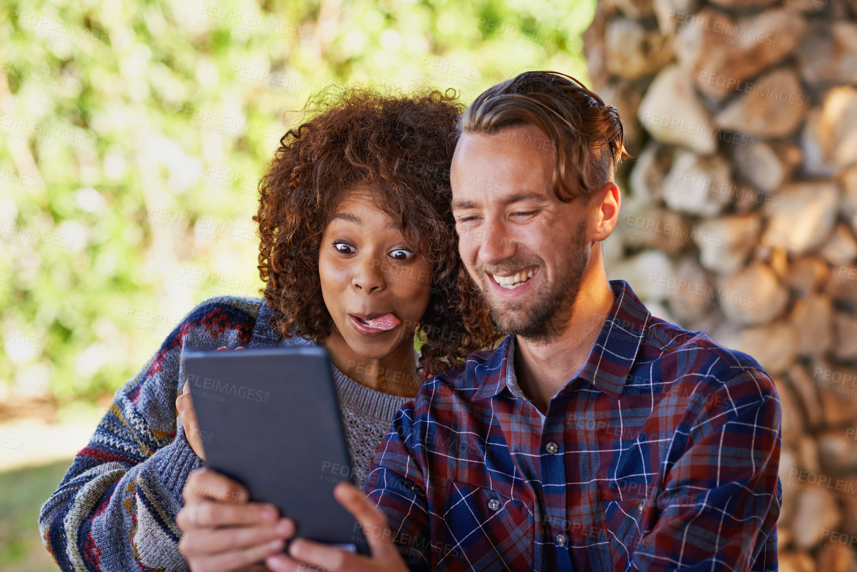 Buy stock photo Friends taking a selfie on a tablet