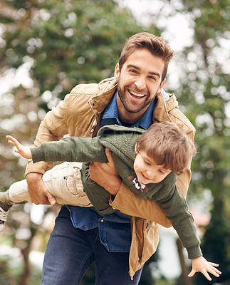 Buy stock photo Father, child and outdoor playing airplane in backyard nature for happiness together, family or game. Male person, son and forest weekend for bonding connection or childhood fun, vacation or love
