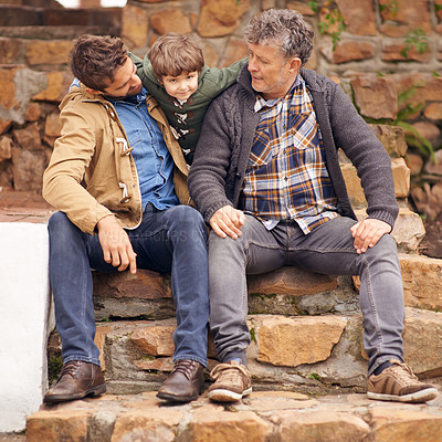 Buy stock photo Child, father and portrait of grandfather outdoor at steps for bonding, care or relax together for love. Family, kid and dad with grandpa, generations and parent embrace boy for healthy support