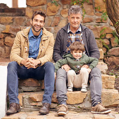 Buy stock photo Happy child, father and portrait of grandfather outdoor at steps for bonding, care and relax together. Family, kid and dad with grandpa, generations or smile of parent laughing with boy for love