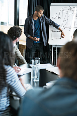 Buy stock photo Presentation, speaker and data with business people in meeting for statistics, planning and consulting. Training, chart and conference with employees in office for workshop, growth and investment