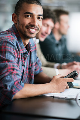 Buy stock photo Man, smile and portrait in office with cellphone and coworkers for meeting, teamwork and profession. African person with tech for internet and career for employment, conference or workshop indoor 