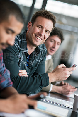 Buy stock photo Businessman, phone and happy portrait in meeting at office with teamwork, collaboration or cooperation. Professional, group and man with notes on cellphone, planning or research project information