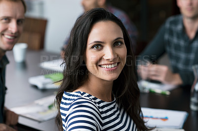 Buy stock photo Woman, portrait and smile with workshop, meeting and collaboration for small business conference. Employee, startup and management for teamwork, coaching and partnership for workforce project