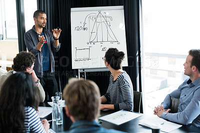 Buy stock photo Presentation, strategy and data with business people in meeting for statistics, planning and consulting. Training, speaker and conference with employees in office for workshop, growth and investment