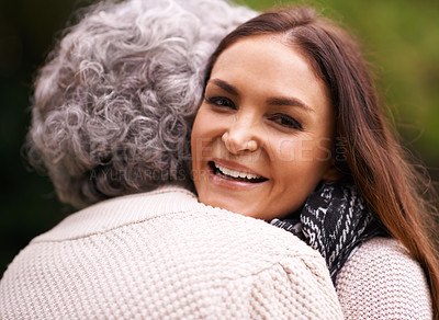 Buy stock photo Hug, portrait and mother of woman with smile for love, embrace and affection for bonding with happiness. Family, closeup and daughter with mom in garden, backyard and terrace outdoor in nature