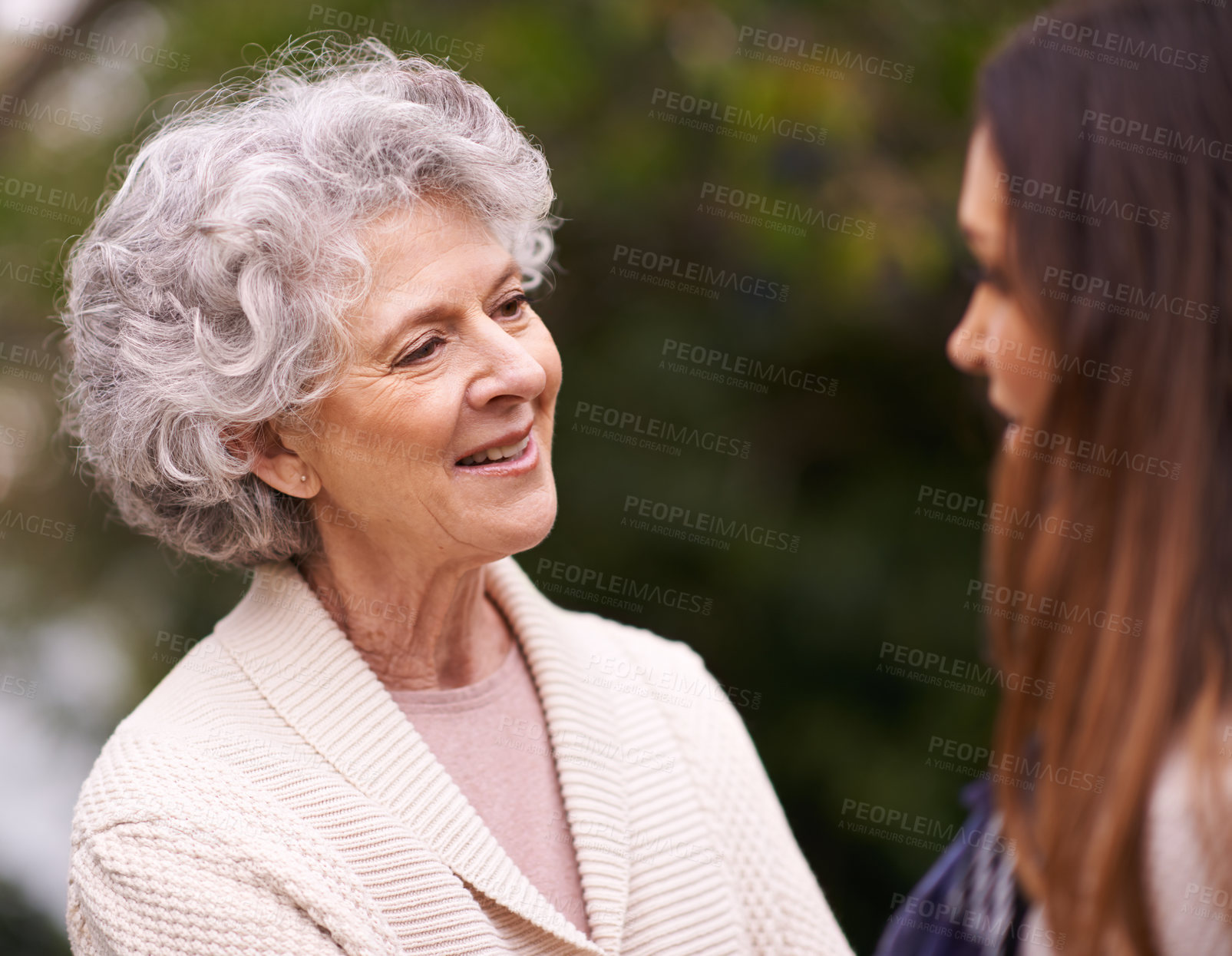 Buy stock photo Senior woman, mother and daughter with smile for love, bonding and visit from relatives outdoor in backyard, garden and patio. Elderly female person, young lady and family bonding together in Italy