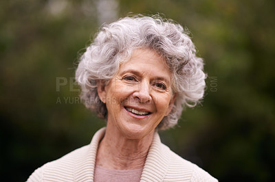 Buy stock photo Senior woman, retirement and portrait with happiness in backyard, garden and patio in nature. Elderly female person, mature lady and pensioner happy to relax at home, outdoor and environment