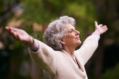 Buy stock photo Senior, happy woman and celebrate life in nature, joy or retirement freedom outdoors. Face of elderly female smiling in happiness with arms out enjoying natural environment or vitality outside