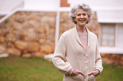 Buy stock photo Senior woman, smile and portrait in garden with happiness, backyard and patio with mockup space. Elderly female person, mature lady and pensioner happy for retirement at home, outdoor and in nature