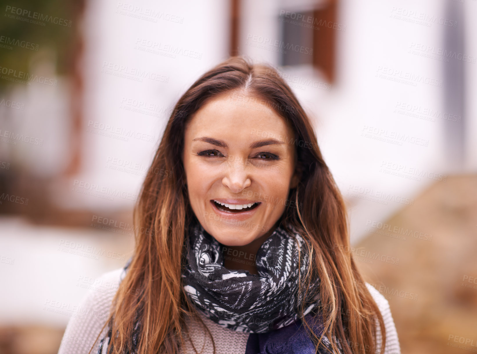 Buy stock photo Woman, smile and portrait in backyard or outdoor for trip, travel or relax with fresh air on blurred background. Mature person and happy with joyful facial expression and isolated for walk or break 