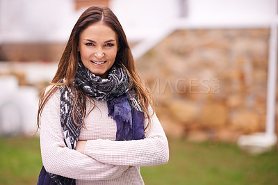 Buy stock photo Outdoor, portrait and woman with arms crossed in fashion for winter in backyard or garden of home. Girl, smile and confidence on holiday or vacation with casual style, happiness and relax with pride