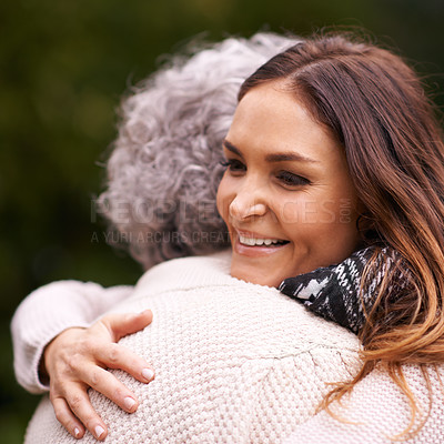 Buy stock photo Hug, mother and woman with love, embrace and affection for bonding with happiness in nature. Family, elderly female person and daughter with mom for visit in garden, backyard and terrace in Italy