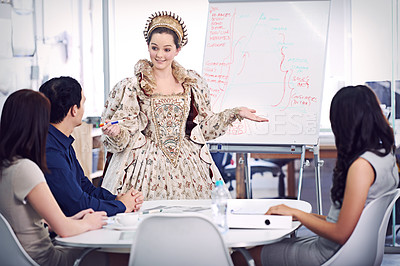 Buy stock photo A queen giving a presentation to her staff
