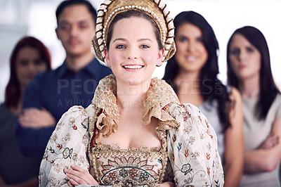 Buy stock photo Woman, leader and noble with portrait, smile and team for professional workforce. Manager, corporate and crown with people, collaboration and workplace with victorian ruler for achievement or success
