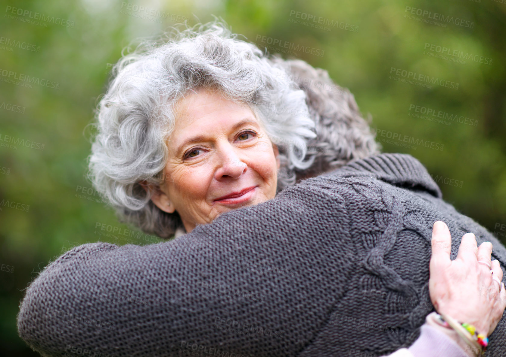 Buy stock photo Portrait, older woman or man to hug, love or trust in nature, wellness or bonding together. Senior couple, smile or break as romantic outdoor date in marriage, partnership or commitment in retirement