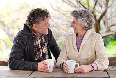 Buy stock photo Senior couple, conversation or coffee to relax in garden as happy, communication or bonding together. Elderly man, woman or smile at hot, drink or table to talk of retirement, marriage or commitment