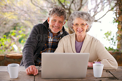 Buy stock photo Elderly couple, smile and portrait with laptop for internet and online for relax or rest in garden for retired. Pensioners or senior and sitting with tech for streaming, web and unwind with coffee