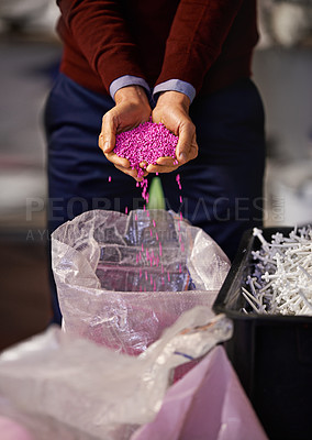 Buy stock photo Plastic, factory or hands with wax, pellet or granules zoom for small business, startup or manufacturing. Warehouse, supply chain and person show retail product for recycling, industry or production
