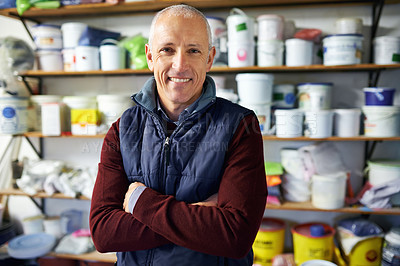 Buy stock photo Portrait, man and confidence of happy store owner in business or retail for plastic in startup. Face, arms crossed and mature professional in shop, entrepreneur and smile of manager in Switzerland