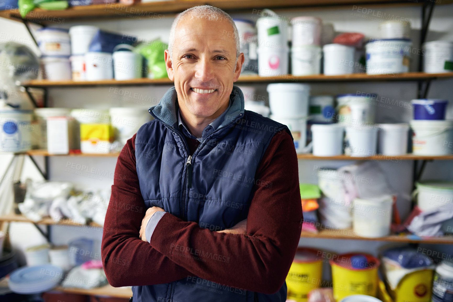 Buy stock photo Portrait, man and confidence of happy store owner in business or retail for plastic in startup. Face, arms crossed and mature professional in shop, entrepreneur and smile of manager in Switzerland