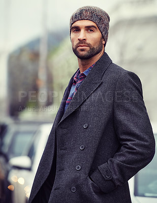 Buy stock photo Fashion, portrait or man in city with coat for edgy clothes, outdoor travel or elegant style for winter outfit. Town, cool model or stylish guy in urban street in beanie or trendy jacket in Italy