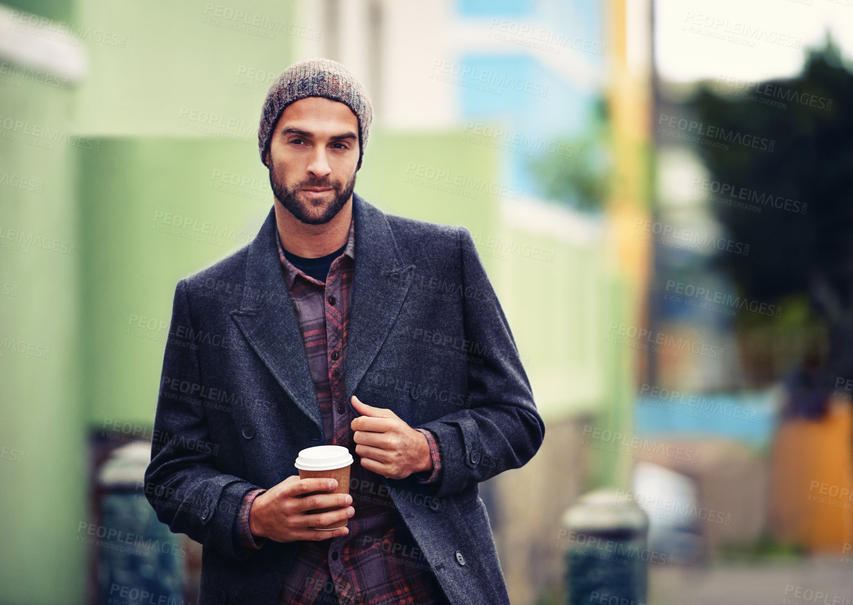 Buy stock photo Fashion, portrait or man in street with coffee or coat for edgy clothes, outdoor travel or elegant style in winter outfit. City, drink or stylish guy in urban town in beanie or trendy jacket in Italy