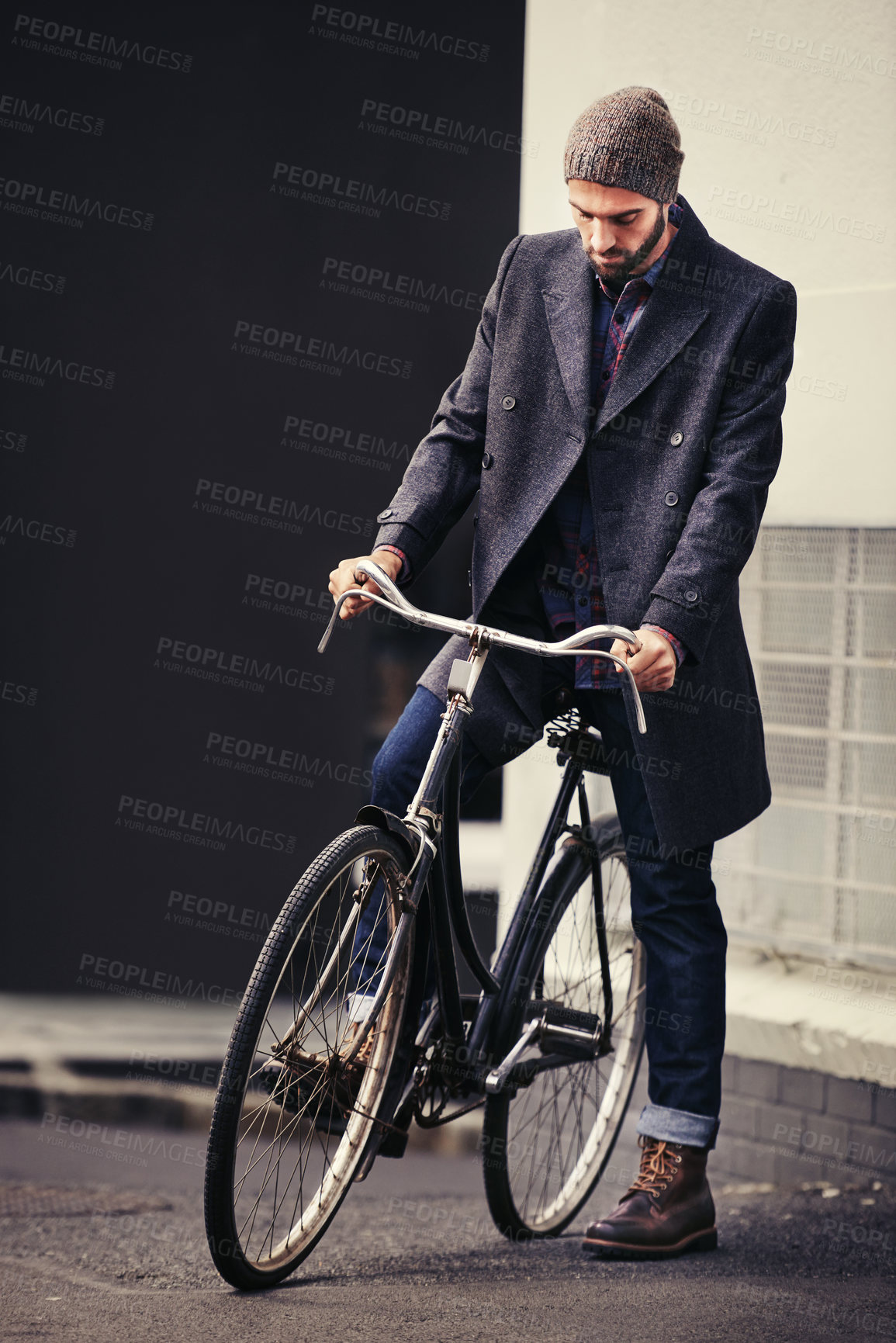 Buy stock photo Bicycle, style and man in city for travel on winter vacation, adventure or holiday with retro fashion. Vintage, stylish and male person on bike for cycling with beanie and coat for outfit in town.