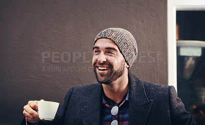 Buy stock photo Thinking, cafe and happy man drinking coffee in city for breakfast or laughing in the morning. Dream, tea cup and smile of person with espresso, latte or planning future at shop with winter fashion