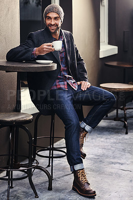 Buy stock photo Thinking, cafe and happy man drinking coffee at table in city for breakfast in the morning. Dream, tea cup and smile of person with espresso, latte and planning future at shop with winter fashion