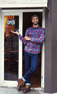 Buy stock photo Open, cafe and portrait of man with sign at entrance of restaurant with small business owner. Smile, confidence and entrepreneur at coffee shop with career in service, hospitality and pride at door