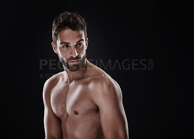 Buy stock photo Thinking, muscle and body of man in studio isolated on a black background on mockup space for wellness, serious or naked. Abs, nude and topless male person, healthy and strong chest on a backdrop