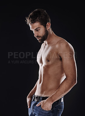 Buy stock photo Thinking, muscle and body of man in studio isolated on black background for wellness, fitness or mockup space. Confidence, topless and abs of person for health, serious or strong bodybuilder in jeans