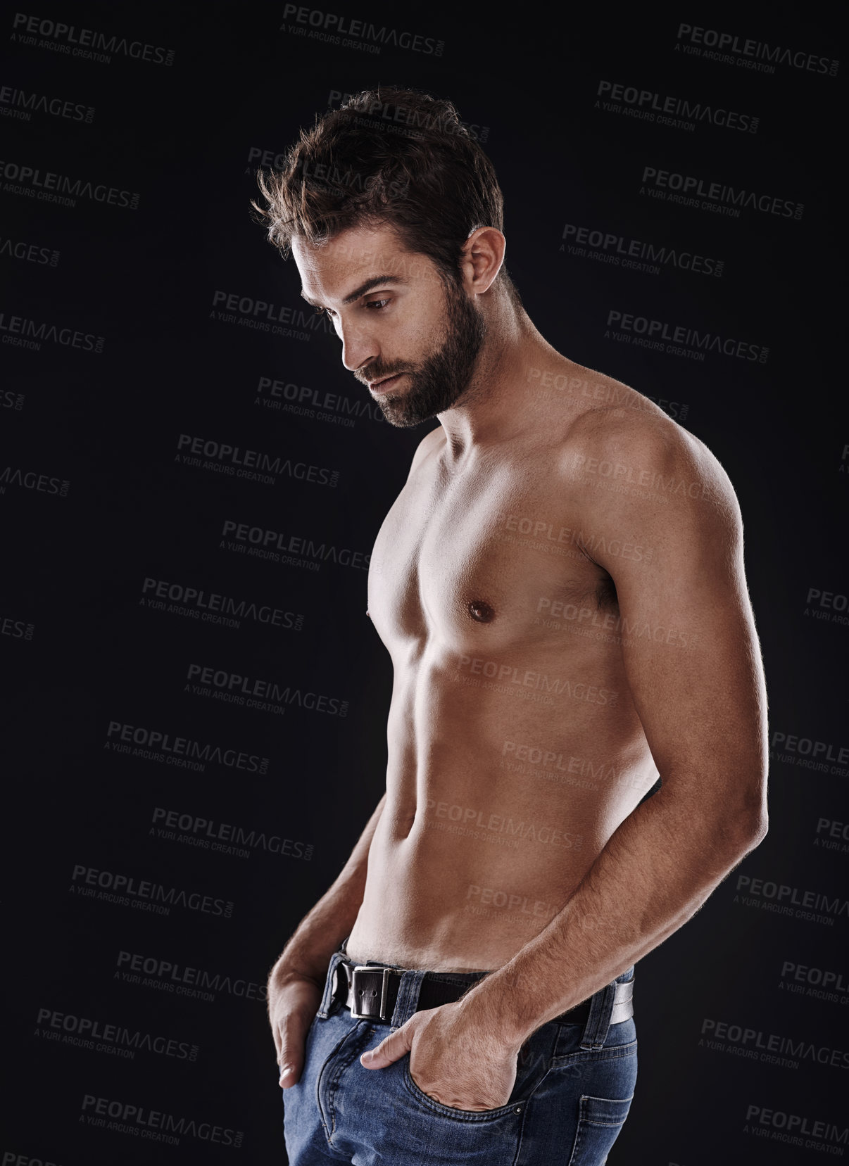 Buy stock photo Thinking, muscle and body of man in studio isolated on black background for wellness, fitness or mockup space. Confidence, topless and abs of person for health, serious or strong bodybuilder in jeans