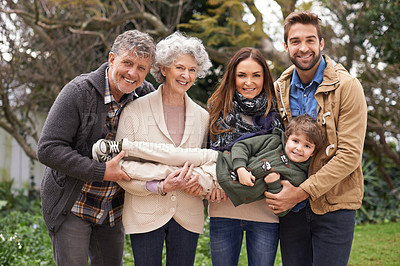 Buy stock photo Happy family, portrait and grandparents with parents and child in a park on outdoor vacation or holiday. Face of mother, happiness and father play with kid as love, care and together in nature