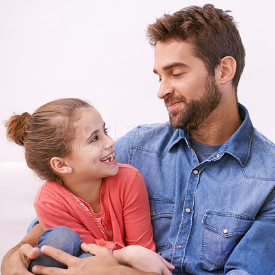 Buy stock photo Hug, family and father with girl kid and happiness with smile and cheerful with conversation and bonding together. Single parent, embrace and fun with dad and daughter with weekend break and joyful  