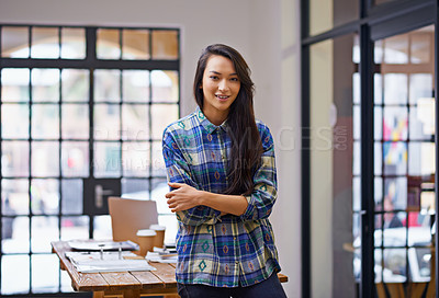 Buy stock photo Happy woman, portrait and creative designer with confidence for career ambition at the office. Face of female person or employee with smile and arms crossed for job, pride or startup at the workplace